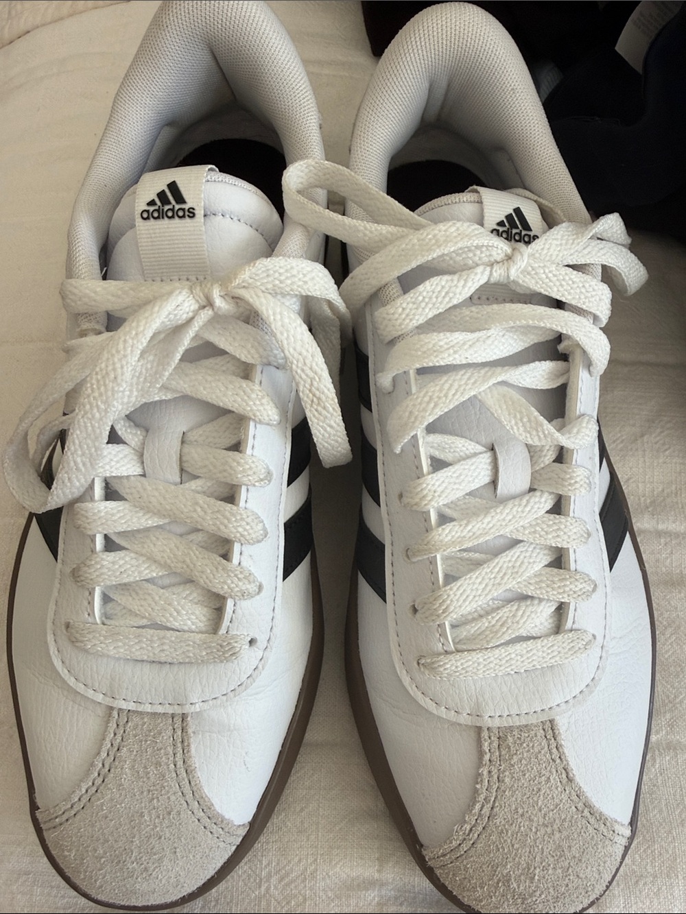 adidas White Sneakers with Black Stripes and Tan Suede Toe